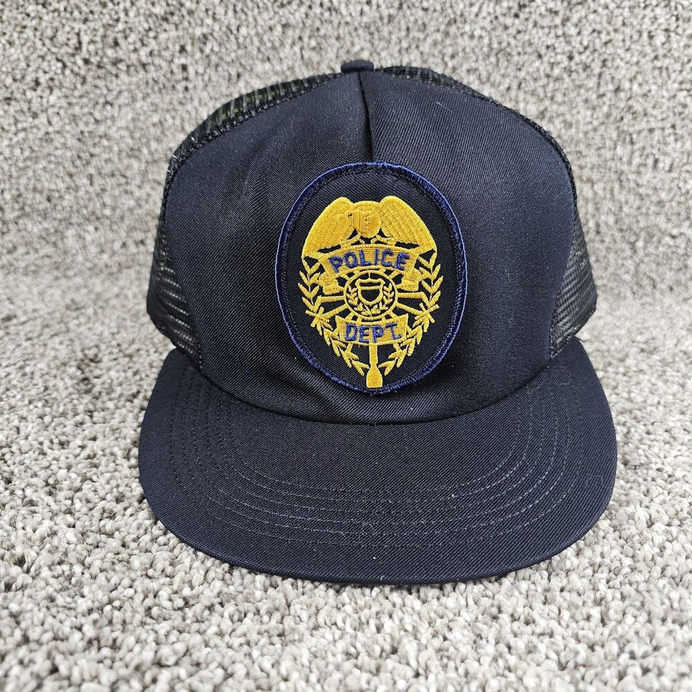 Vintage Police Dept Hat Cap Snapback Black Mesh Trucker Patch Embroidered USA XL